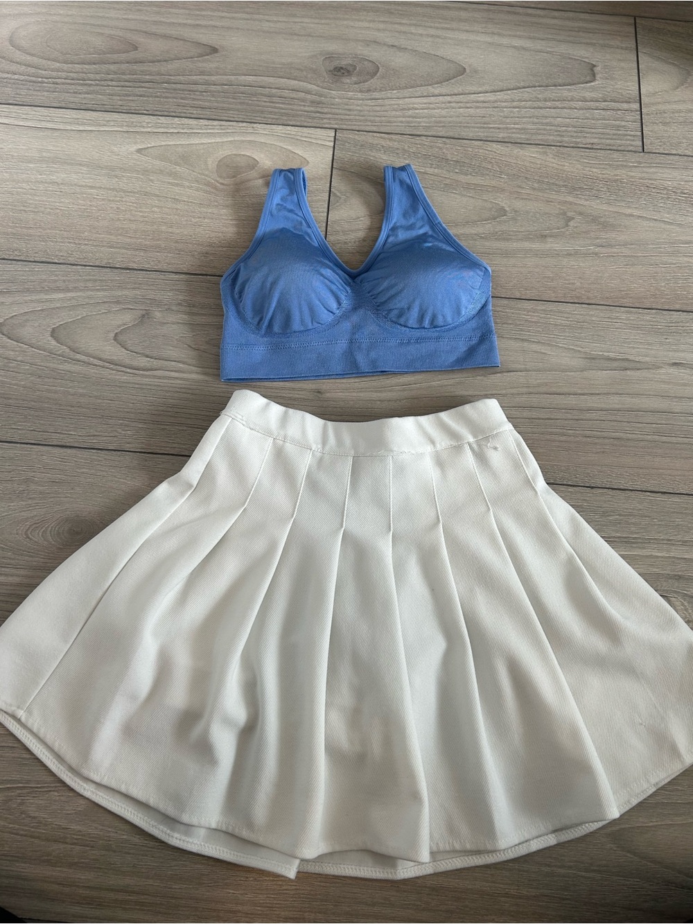 Light Blue Seamless Bralette & White Pleated Skirt Set